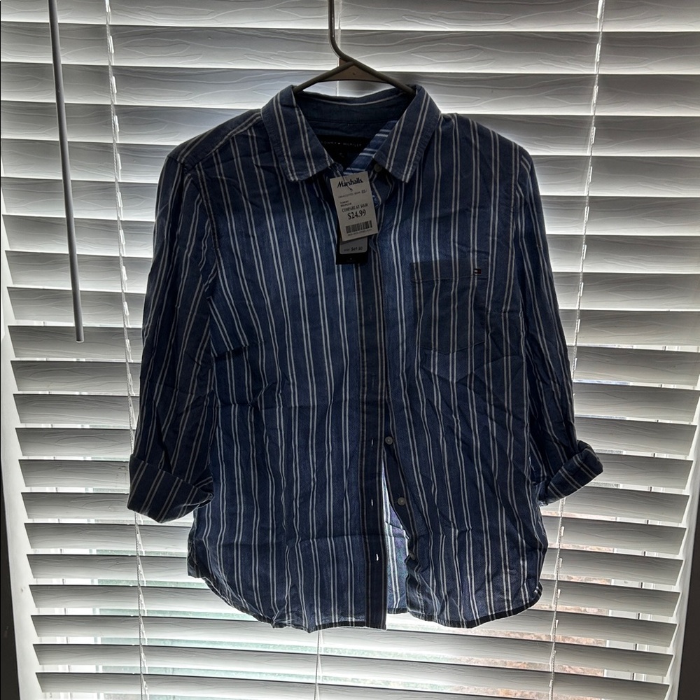 St. John's Bay Navy and White Striped Button Down Shirt